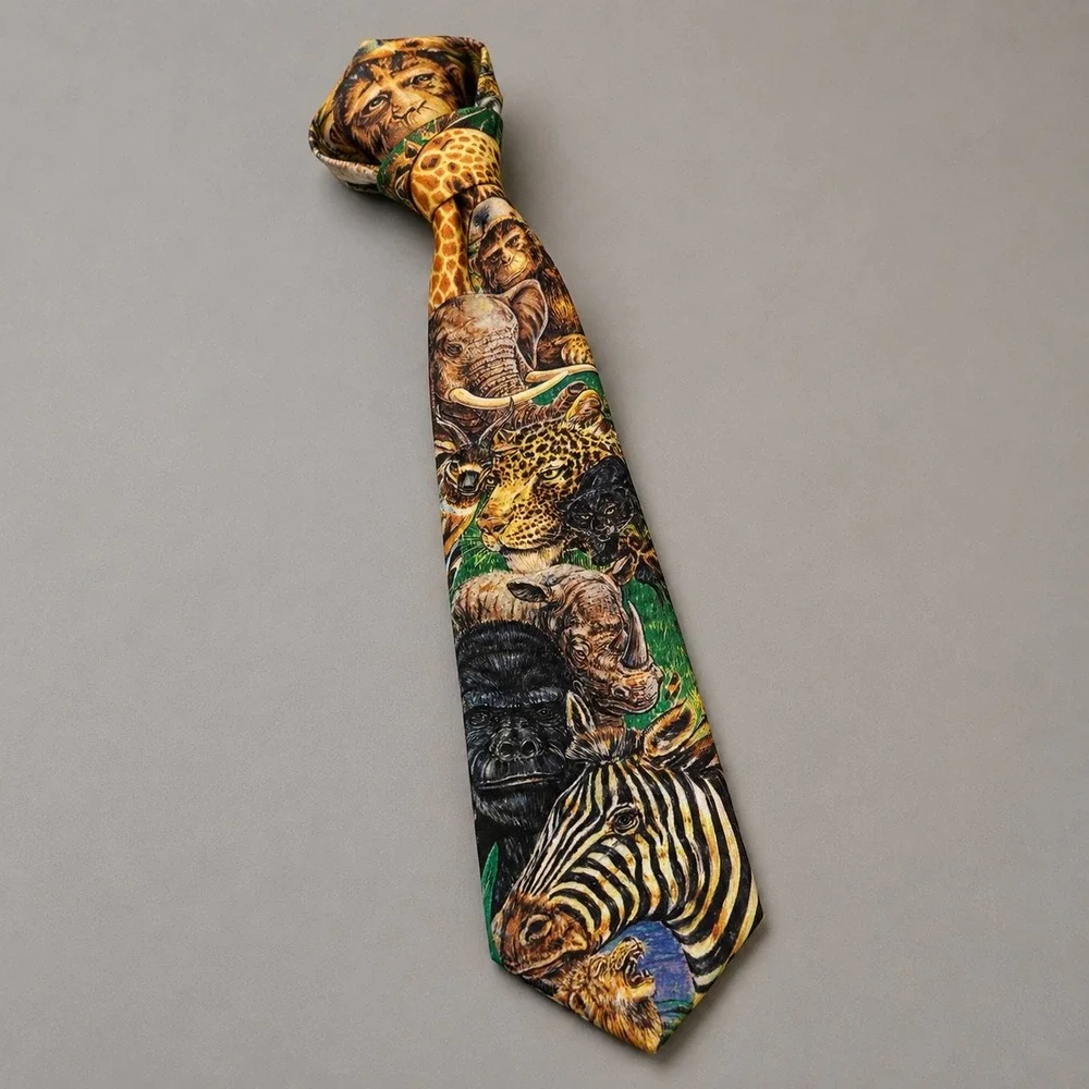 Ralph Marlin Vintage Safari Animal Print Necktie Multi Color Jungle Wildlife USA